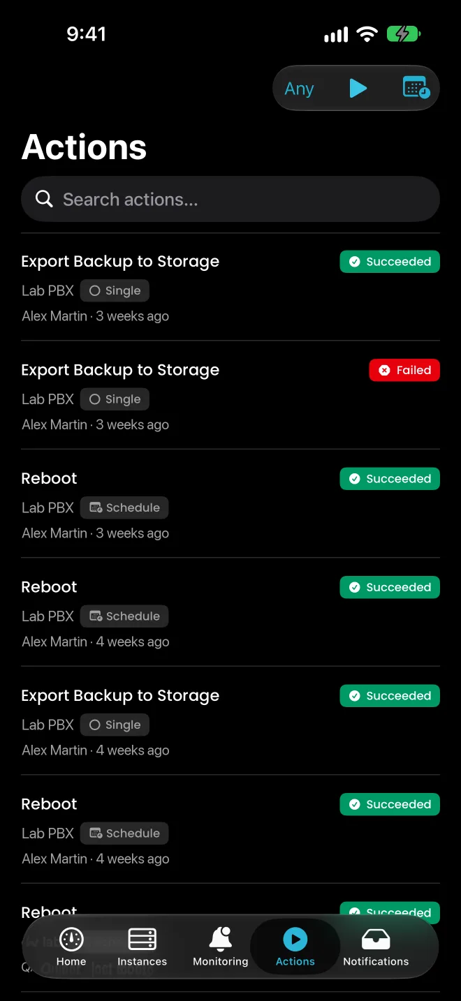 The actions catalogue in the SYNOP•SYS mobile app