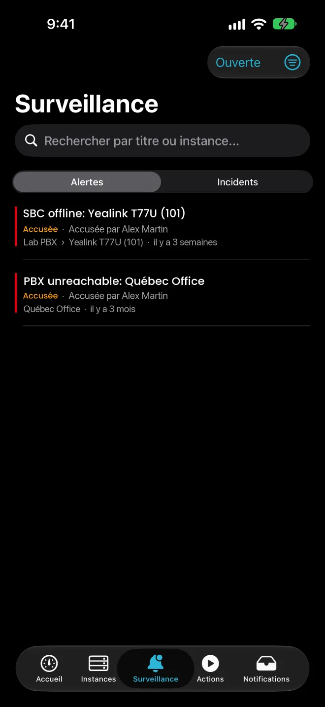 Une alerte et ses détails dans l'application mobile SYNOP•SYS