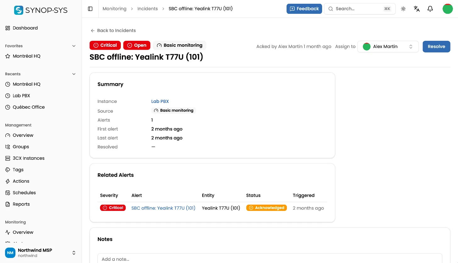 The incidents list with alert timelines in SYNOP•SYS