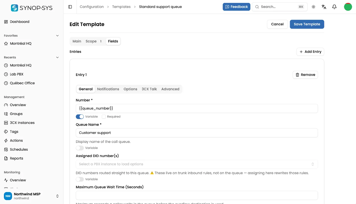 A configuration template and its drift report in SYNOP•SYS